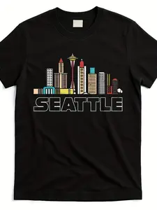 Grunge-Style Seattle Skyline Distressed Design T-Shirt Suitable for Both Men And Women, Featuring a Short-Sleeve Print Made of 220G Pure for Summer