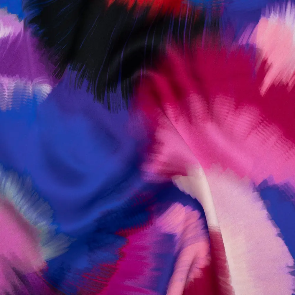 Silk Charmeuse Print 16MM, Made in Italy - Blue, Hot Pink and Red Painted Bursts