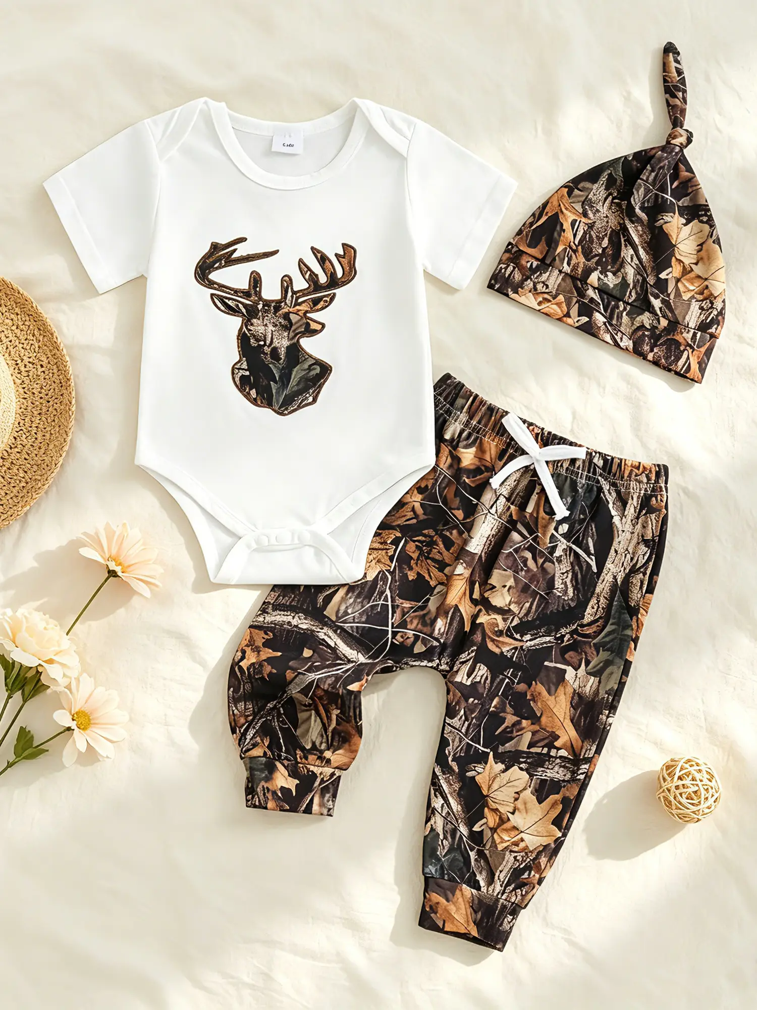 Baby Boy Hunting Outfit Deer Mallard Duck Romper Jungle Camo Pants Set Hat 3 Piece Fall Winter Clothes Gift Sets Essentials Set Infant Newborn