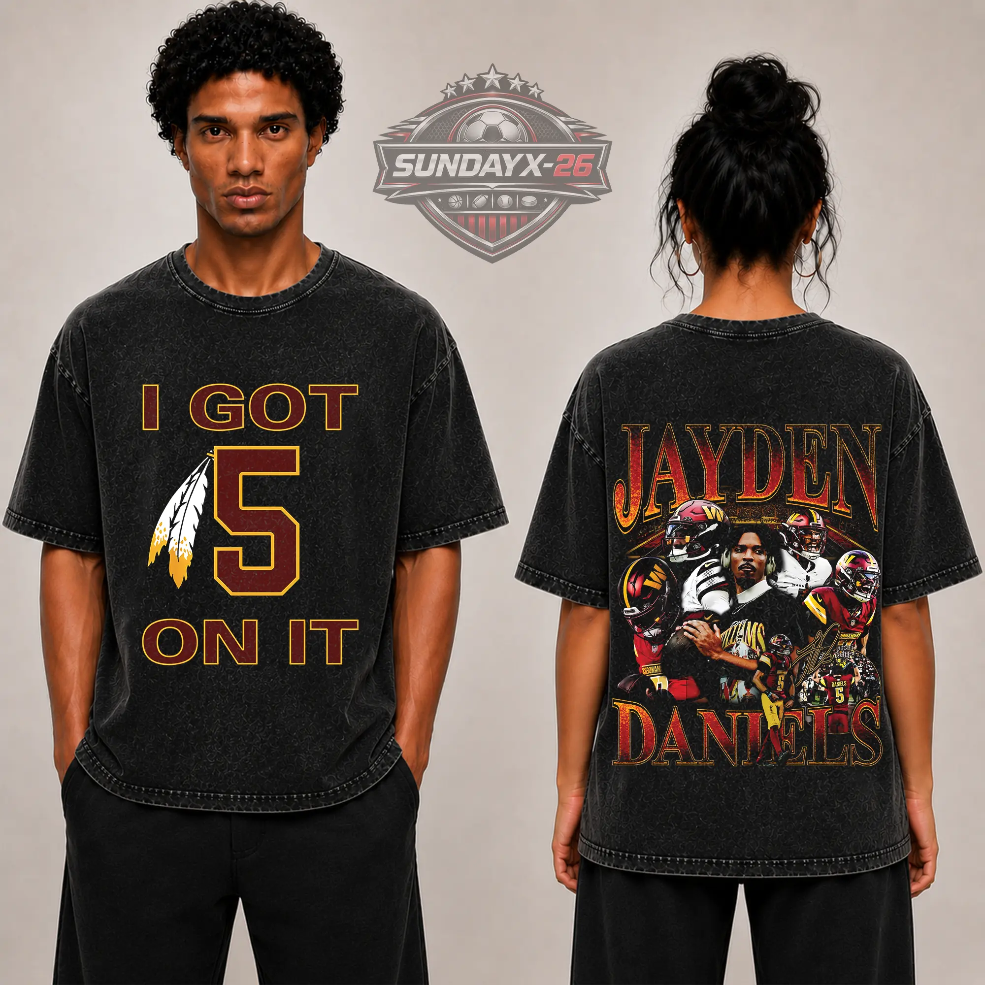 [X-26] Jayden Daniels 'I Got 5 On It' Graphic Premium Acid Washed T-Shirt (Made in US), Commanders Football Fans Fits High Quality 100% Cotton Shirt, Commanders Fans Outfit, Gift for Football Fans, Boyfriend