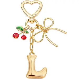 Bubble Initial Keychain for Women, Gold Letter Charm with Cherry & Bow, Cute Bag Accessories for Purse Backpack
