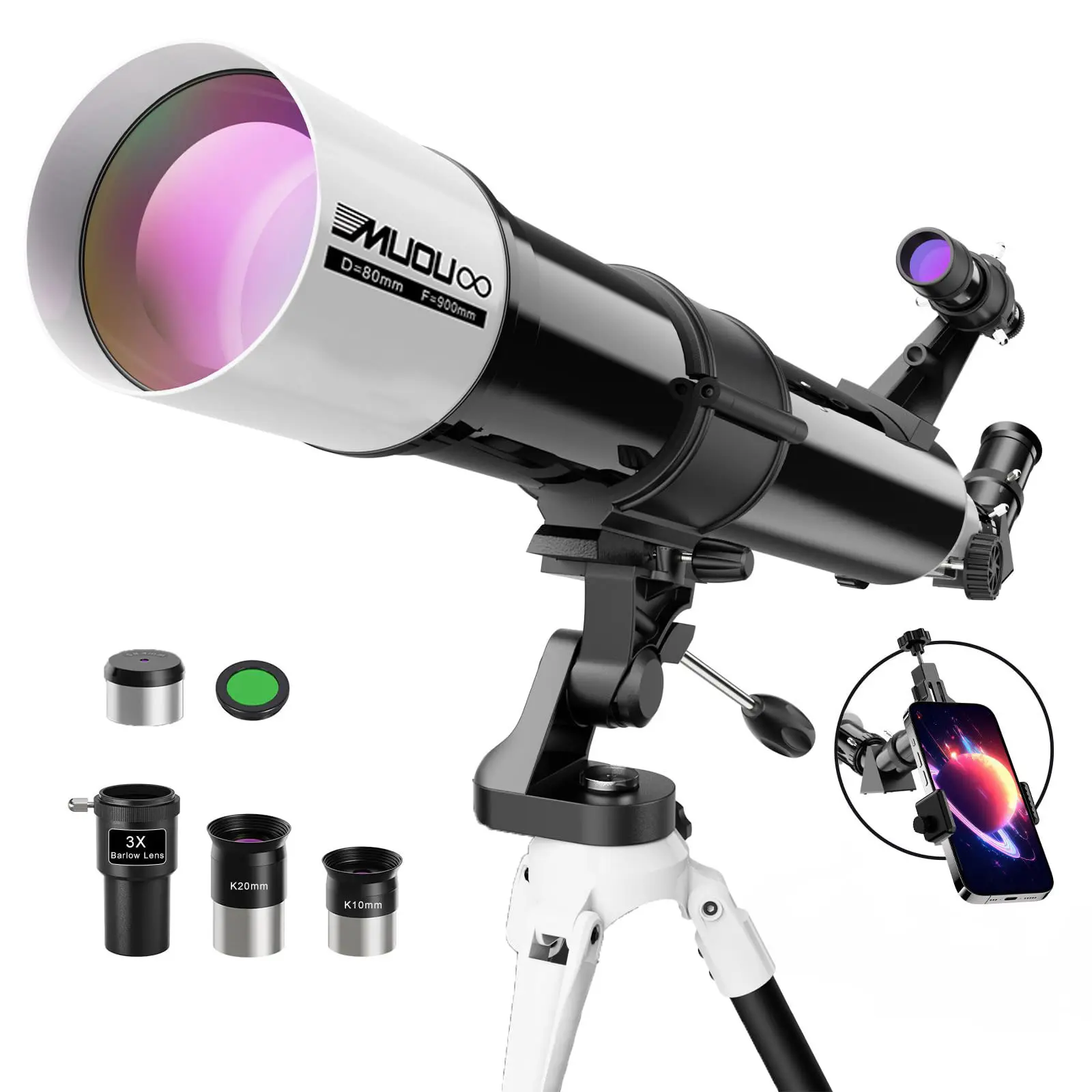Telescope for Adults High Powered Astronomical,80mm Aperture 900mm Professional Refractor Telescopes for Astronomy Beginners 36-270X FMC with AZ Mount Tripod,Carrying Bag,Phone Adapter
