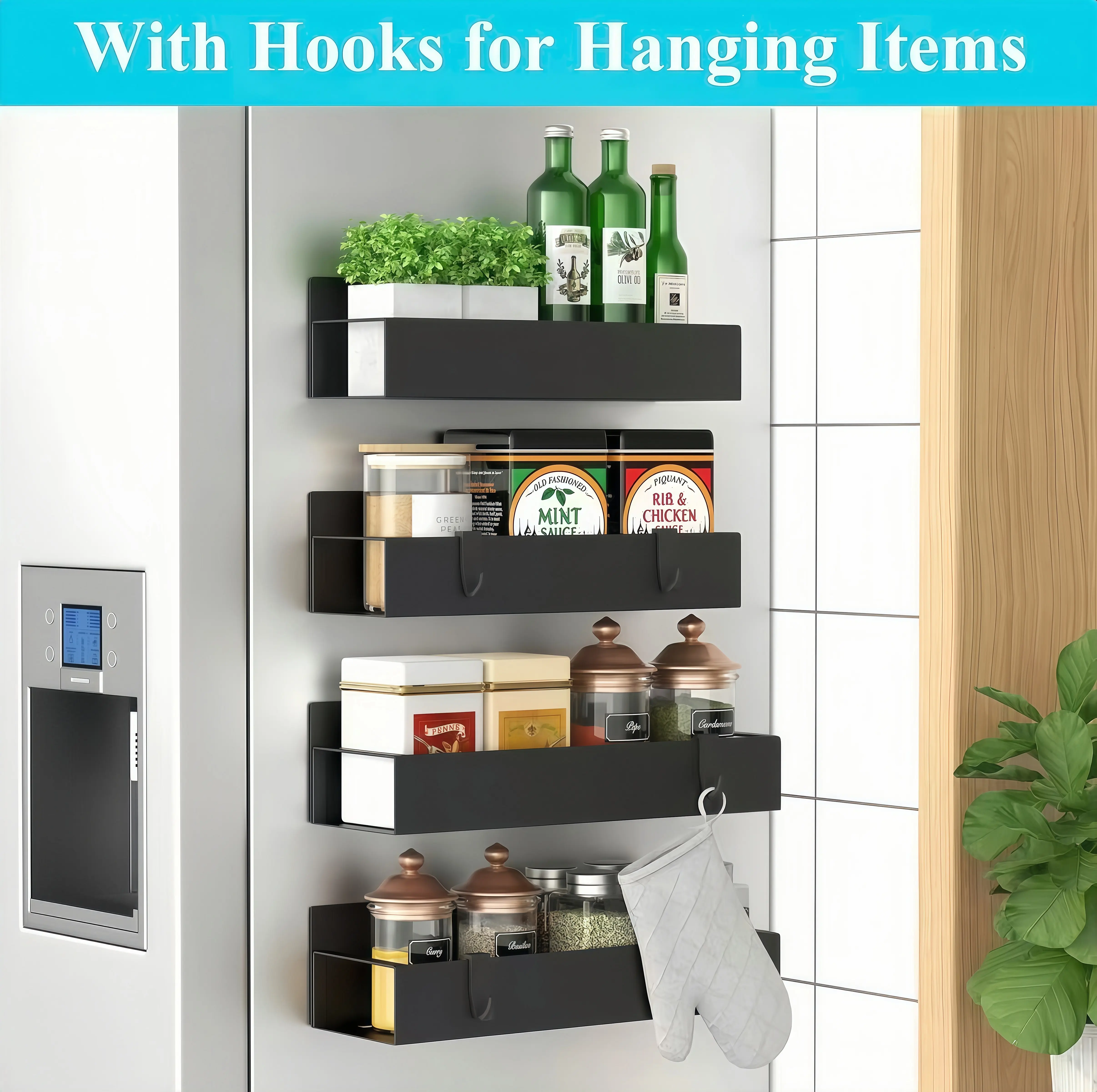 Spice Rack Hook Magnetic Spice Rack 4-Piece Set with Hooks for Hanging Items Strong ...