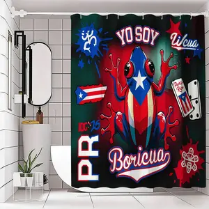 Puerto Rican Cultural Shower Curtain, Stylish Frog with Flag Design, Yo Soy Boricua Lettering, Domino Tile Accents, Street Art Background, Bathroom Curtain, Bathroom Decor