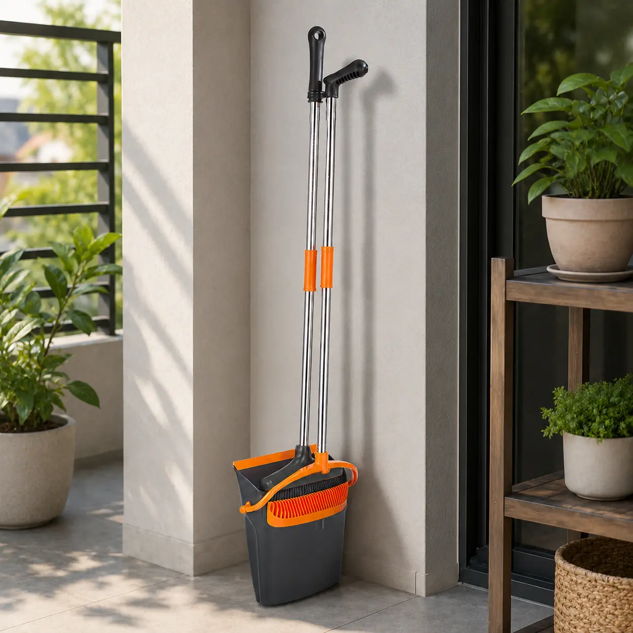 Household Broom and Dustpan Set, Upright Long Handle Cleaning Set for Indoor Floors, Kitchen, Bathroom, Patio and Office