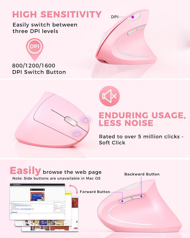 Ergonomic Mouse Wireless, Rechargeable Mouse Silent for Carpal Tunnel Right Hand, 2.4GHz USB Vertical Mouse Wireless for Laptop etc, 3 Adjustable  800/1200/1600 DPI, pink