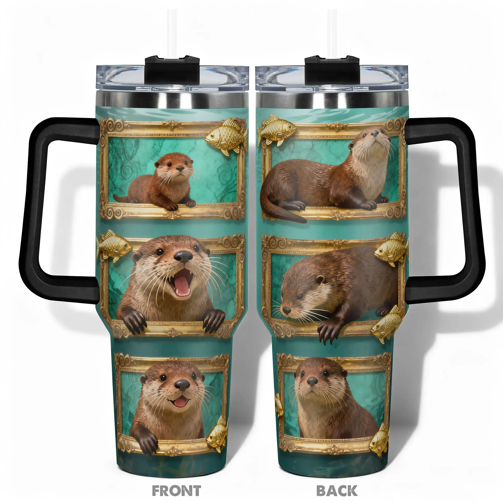 1pc Stainless Steel Cup 40oz/30oz/22oz Water Bottle, Vacuum Insulated Tumbler, Insulated Travel Drinkware, Funny Design Otter and Golden Fish Double-layer insulation Leakproof Large Capacity, Gym, Hiking, Travel Ideal Birthday Chri