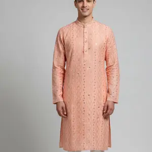 Mens Mirror Kurta Set - Elegant Peach Color with Detailed Sequin Embroidery for Festive Wear