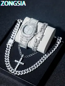 Men's Watch & Fashionable Jewelry Set, Fashion Rhinestone Decorated Watch & Cross Pendant Necklace & Cuban Chain Bracelet, Trendy All-match & Exquisite Jewelry Set for Gift, Quartz Watch Set