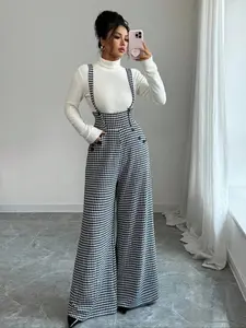 Women's Knitted Plaid Print Wide Leg Pants, Front Pocket Button Design, Fashionable Elegant Daily Commuter Overalls, Fall Winter