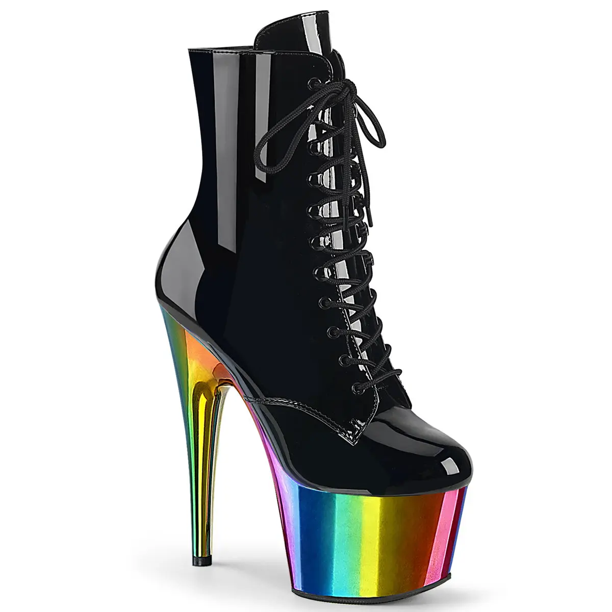 Women's Black Patent Leather Lace-Up Ankle Boots - 7 in Heel, 2.75 in Chromed Rainbow Platform, Side Zip Footwear