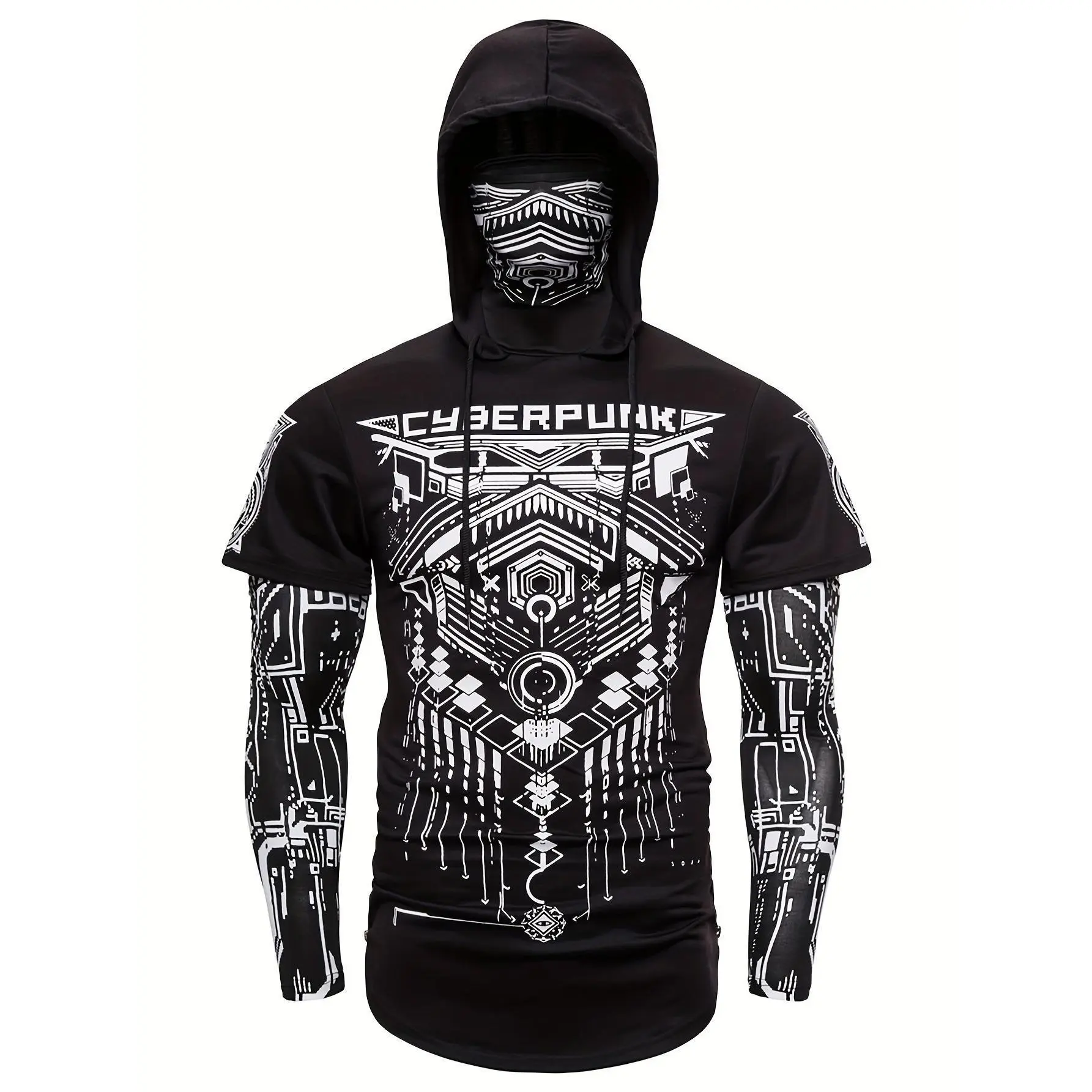Cyberpunk style men's hooded shirt with face mask - geometric pattern, stretch polyester, machine washable - perfect for outdoor activities and Halloween, suitable for all seasons SpringStatements winter outfits men Jacket Team Logo Leopard Print Fleece t