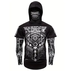 Cyberpunk style men's hooded shirt with face mask - geometric pattern, stretch polyester, machine washable - perfect for outdoor activities and Halloween, suitable for all seasons SpringStatements winter outfits men Jacket Team Logo Leopard Print Fleece t