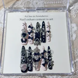 AURÉA Handmade Black Pink Heart Lock Press On Nails| Removable Dark Coquette Gothic Nail Art| Long Stiletto Reusable Fake Nails with Crown Bow & Cross Details