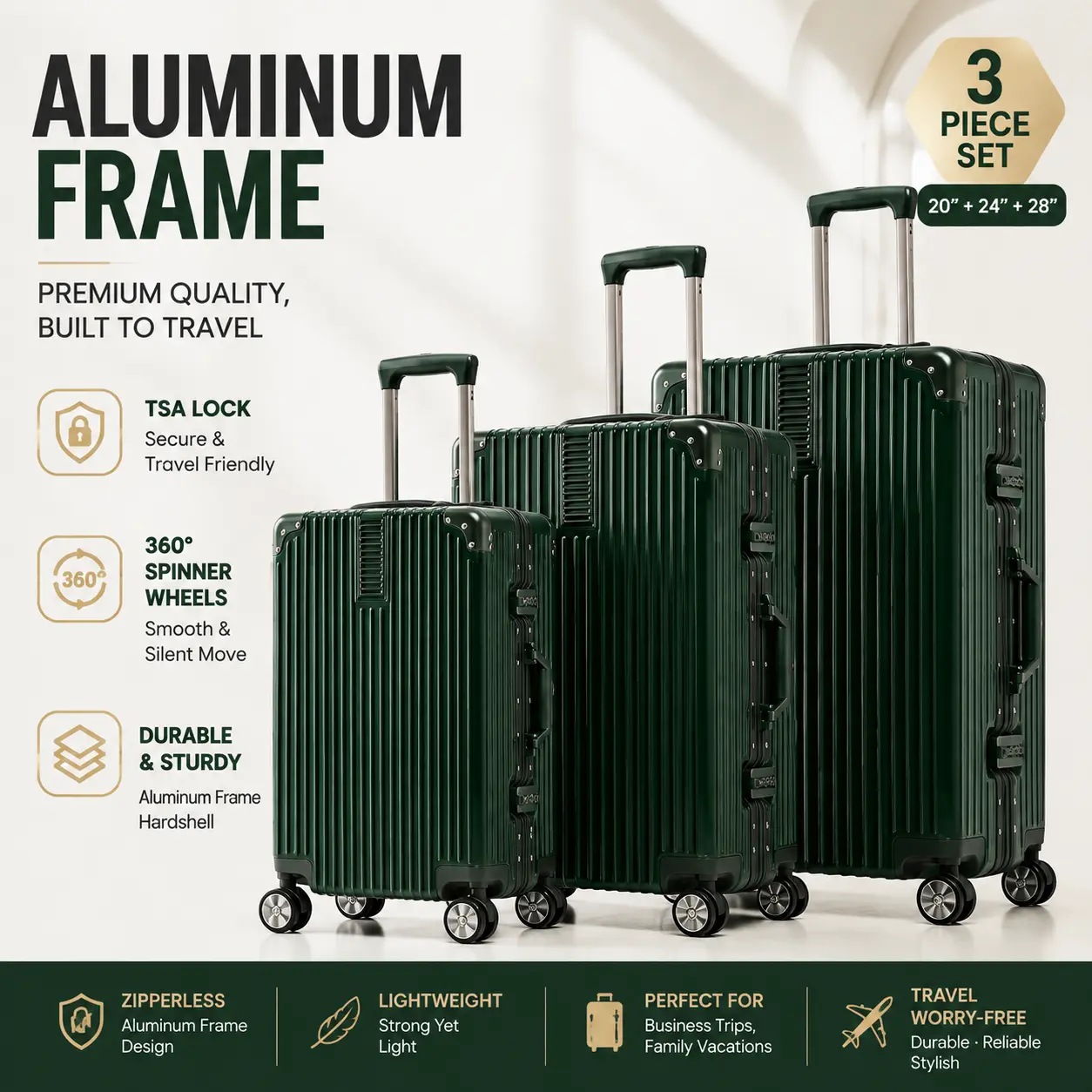 GMZGZN 3-Piece Zipperless Aluminum Frame Luggage Set, Hardshell Suitcase with TSA Lock & Spinner Wheels, 20/24/28 Inch Travel Luggage for Business & Family Trips - Gold