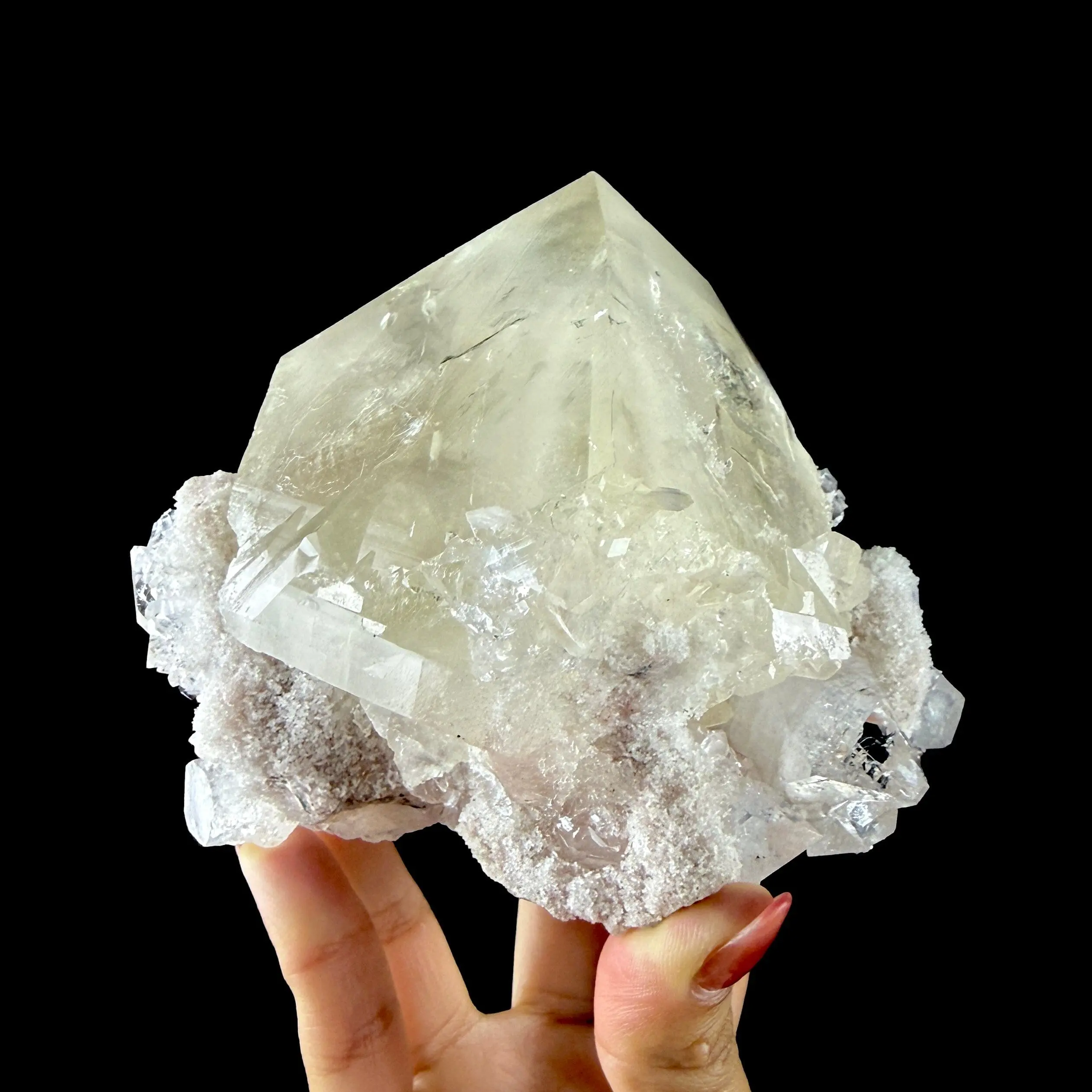 Calcite Cluster with Fluorapophyllite on Shimmering Chalcedony Matrix – Rare Indian Mineral Specimen from Jalgaon DKT130