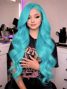 Mint Blue Body Wave Wig Lace Front Wig 13x4 Lace Frontal Synthetic Wig Pre-Plucked Natural Hairline Heat-Resistant Fiber Blue Concert Look Wavy Wig Coachella Festival Look Lace Frontal Wigs for Women Parties Cosplay Stage 28 Inches