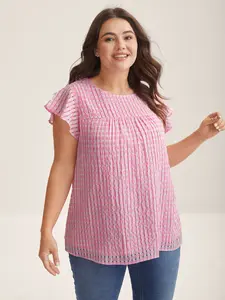 【Summer Turn-Up】【Essential】BlOOMCHIC Plus Size Textured Sheer Lined Flutter Sleeve Blouse White Smoke Cap Sleeve Round Neck Casual Top Fit Vibe teacher office outfits Polyester Aesthetic Curvy Ruffles Lightweight [M-6X] 2026 Summer Pick for Mother's Day