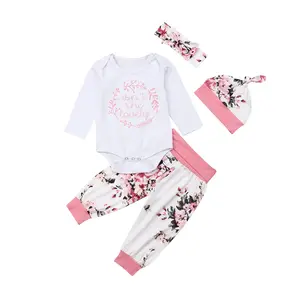 Ma&Baby 4PCs Baby Girl Clothes Isn't She Lovely Romper Newborn Girl Floral Bodysuit Pants Hat Headband Outfit Set Clothes
