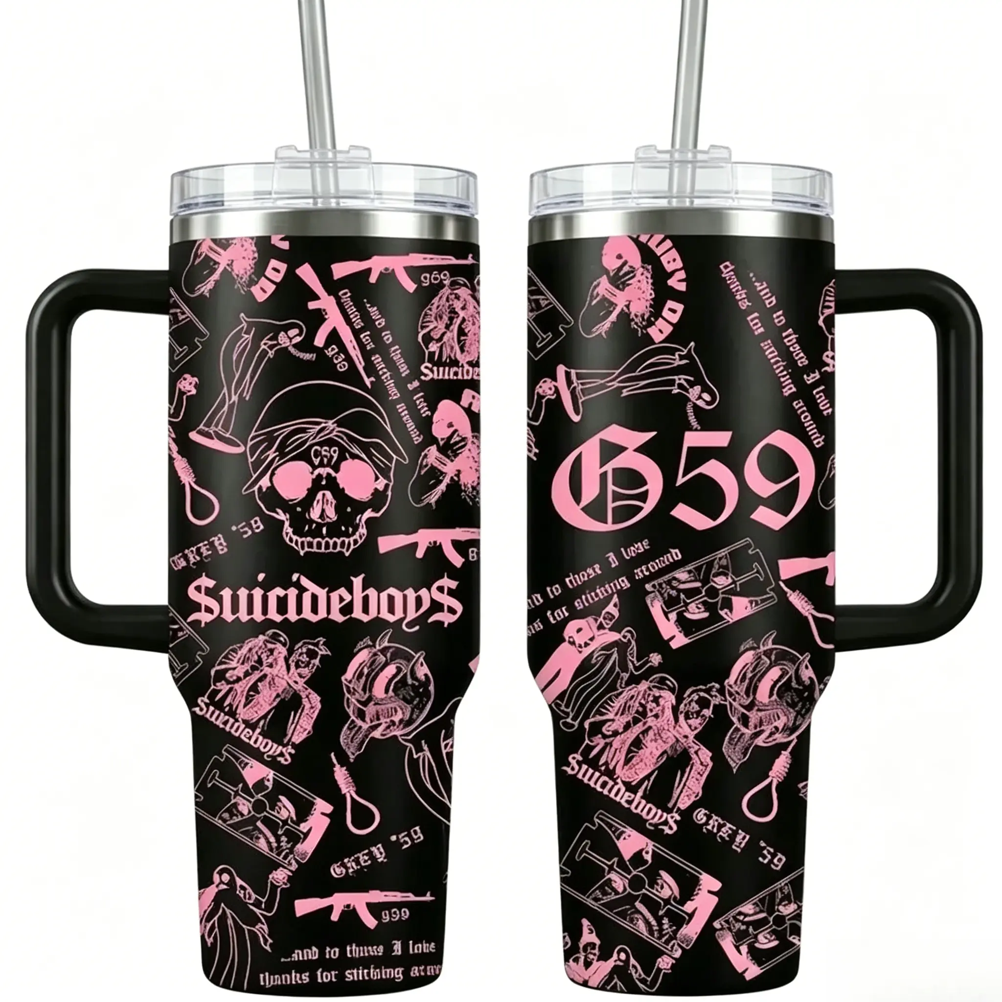 G59 Grey Five Nine Suicideboys 40oz Insulated Tumbler, Multicolor Skull Collage Aesthetic Travel Mug, Dark Trap Goth Underground Rap Style Cup, Premium Stainless Steel Heat Cold Retention Drinkware