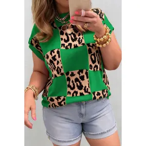 Green Plus Size Leopard Contrasted Checkered Short Sleeve Sweater