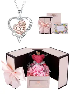 Mother's Day Gift Mommy & Me Love Heart Necklace Set with Moss Bear Rose Jewelry Box, Elegant Copper Pendant Necklaces, Necklace for Daughter, Perfect Gift for Mother's Day Birthday Christmas, Jewelry Gifts, Heart Design Necklace
