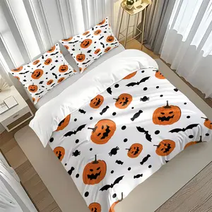 2/3Pcs Halloween Theme Printed Bedding Set, Pumpkin/Bat Pattern Quilt Cover and Pillowcase, No Filling, Zipper Closure, Ideal for Home Bedroom Decoration, Soft and Breathable for All Seasons