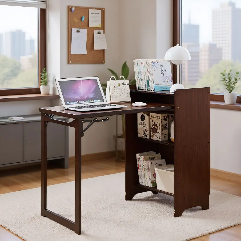 Bamboo Folding Desk, 37" Foldable Computer Table with Hidden Storage Shelf, Space-Saving Writing Desk for Home Office Bedroom Small Spaces, Walnut