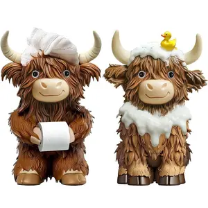 Highland Cow Bathroom Figurine Set, Decorative Resin Statue, Country Farmhouse Style, Perfect Gift for Her, Holiday and Daily Use, Cute Collectible Figurines