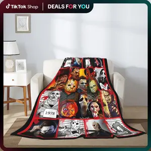 Horror Movie Haunted Fleece Throw Blanket, Spooky Character Blanket Scary Halloween Decorations, Bed Sofa Couch Car Travel Home Bedding Blankets Gifts for Movie Night Fan Men Women Adults Boys Girls