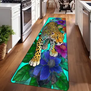 1PC， Spring Blue - Green Floral Leopard Patterned strip rugs, home décor, bathroom mats, entryway mats, bathroom non-slip mats, indoor entrance rugs, bedroom bedside mats, kitchen mats, hallway rugs, flannel sponge rugs, hallway runner rugs