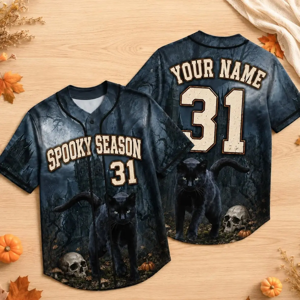 Personalized Spooky Black Cat Baseball Jersey, Custom Halloween Cat Jersey, Custom Name Shirt for Men Women