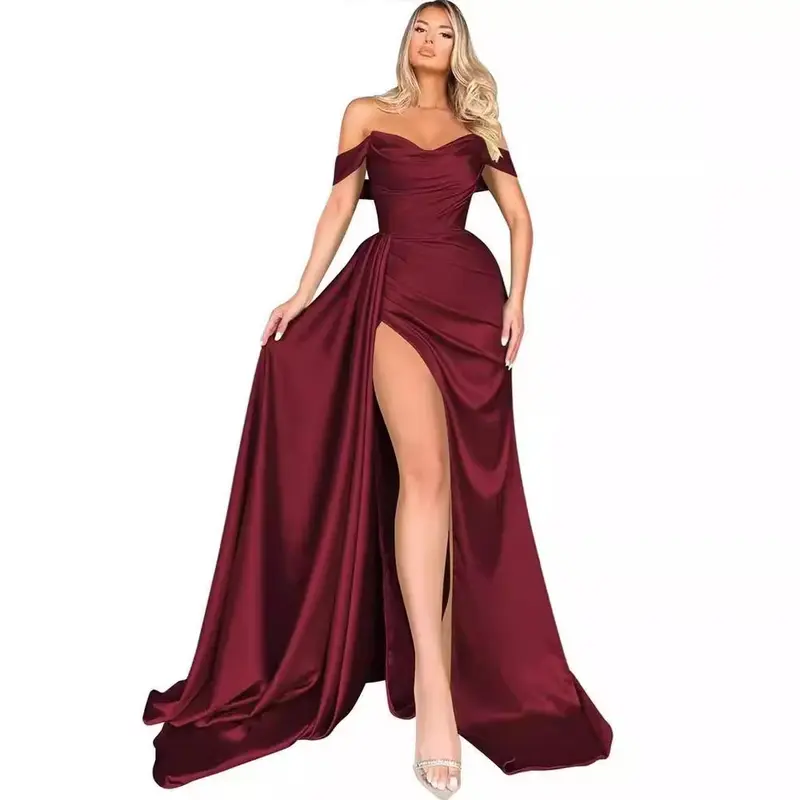 burgundy dress for wedding sponsor Berylove Women Burgundy Wedding Guest Dress A Line Spaghetti Straps Maxi Bridesmaid Dress with Slit, Burgundy / US16 main image 0