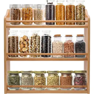Tier Bamboo Spice Rack, Seasoning Jars Rack Shelf Spice Organizer for Kitchen Counter or Wall Mounting