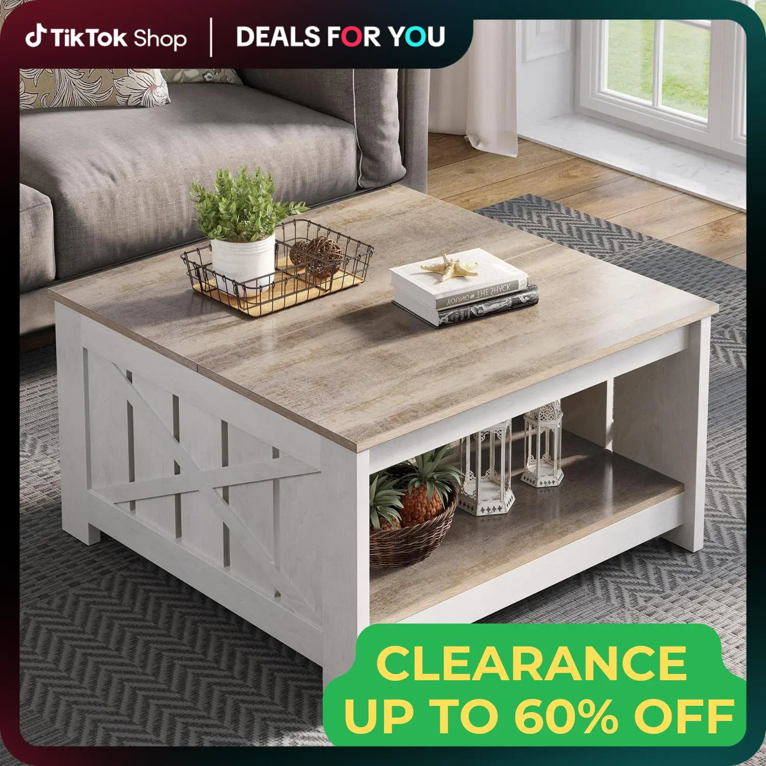 Yitahome Farmhouse Coffee Table with Storage, Square Wood Modern Rustic Coffee Table for Living Room,Grey Wash Coffee Tables,Coffee Table with Half Open Storage Compartment