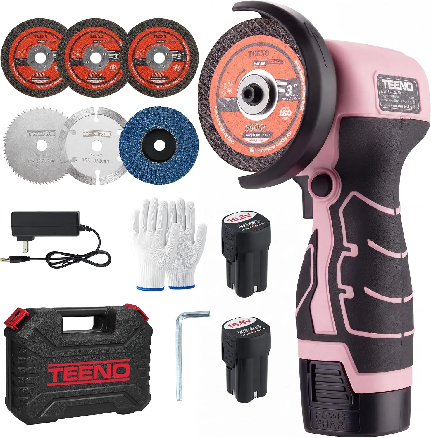TEENO Cordless Angle Grinder Kit, 19,500 RPM Mini Electric Angle Grinding Tool with 2 Pcs 16.8V 2000mAh Batteries and 6 Cutting Discs, 3-Inch Handheld Grinder for DIY & Home Improvement, Pink