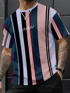 Men's Fashion Striped Printed Short Sleeve Round Neck Long T-Shirt, New Trendy Simple Versatile Streetwear, Casual Fitted Tee for Men, Clothes, Menswear