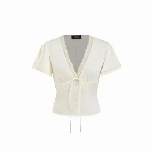Cider Lace Trim V-Neck Drawstring Short Sleeve Blouse SwimWeek