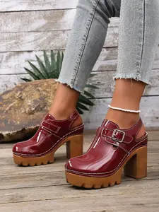 New Women's Thick Rubber Sole Metal Buckle Retro Backless High Heels Round Toe Shape, Casual Streetwear Essential, Daily Wear Stylish Fashion Shoes