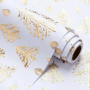 3D Kraft Christmas Wrapping Paper Roll - Mini Roll - 17 Inch x 16.5 Feet - Gold and White Christmas Tree Design with Embossed Perfect for Holiday, Party Celebration