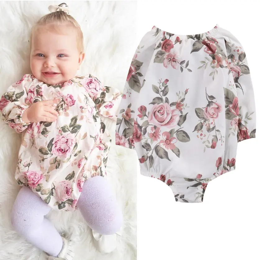 Ma&Baby Newborn Baby Girls Romper Long Sleeve Flower Print Bodysuit Infant Elastic Jumpsuit Autumn Spring Outfits
