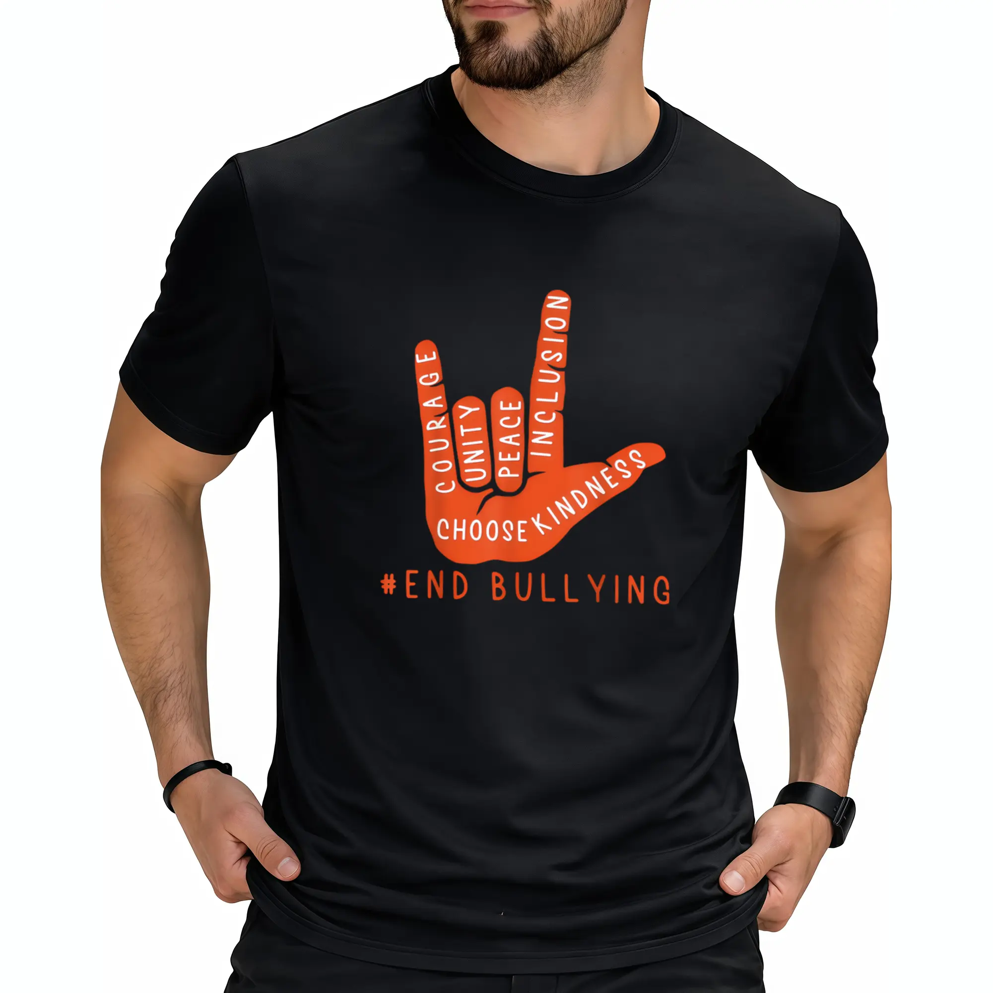 Men's Anti-Bullying Awareness T-Shirt - Unity Day Graphic Tee with Love Sign Language, #ENDBULLYING Message - Heavyweight Shirt for Advocacy, Schools, Workplaces