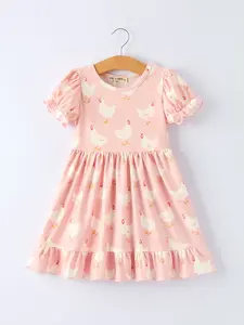 Farm Spring Chicken Print Girls Ruffle Dress