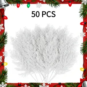 50 Pieces Christmas Floral Picks Artificial Pine Needles Branches Fake Tree Branches Glitter Fake Floral Twig Picks for Christmas Tree Home Wreaths Holiday Decor( White)