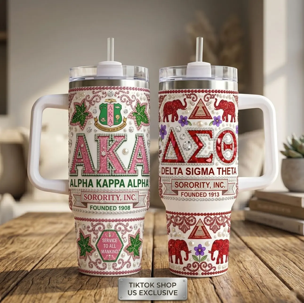 Sorority 40oz Tumbler with Handle | AKA Alpha Kappa Alpha & DST Delta Sigma Theta Bling Rhinestone Insulated Travel Mug | Greek Life Sisterhood Gift