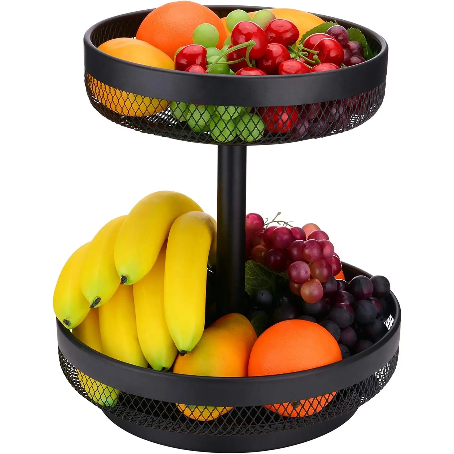 2 Tier Fruit Basket - Detachable Mesh Fruit Bowl for Kitchen Countertop - Metal Basket Stand for Fruits,Vegetables, Bread & Snacks (Black)