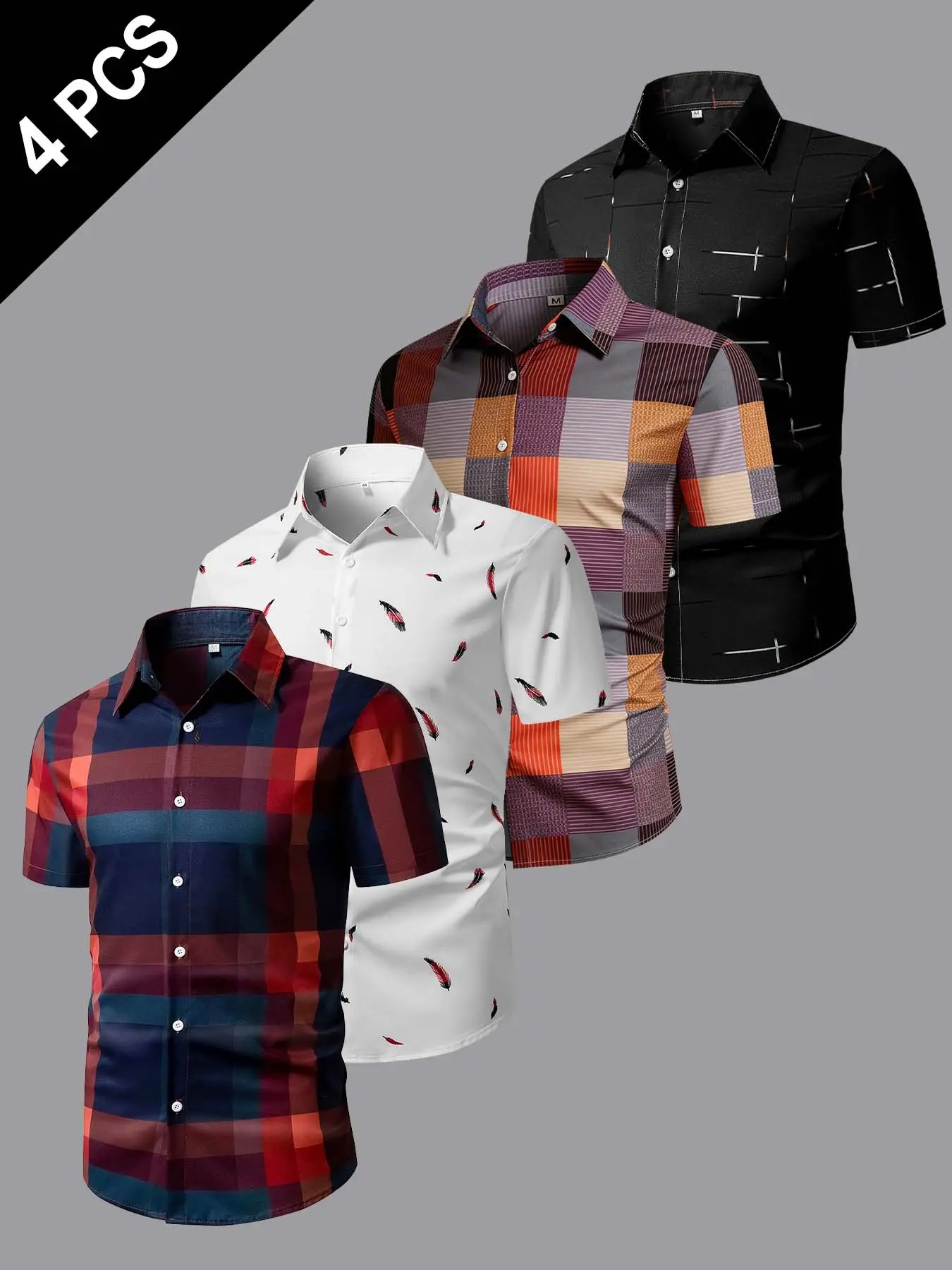 4-Pack Men's Casual Business Leisure Short Sleeve Button Up Shirts, Random Print, Fitted, Perfect for Daily Wear, Office, and Commute