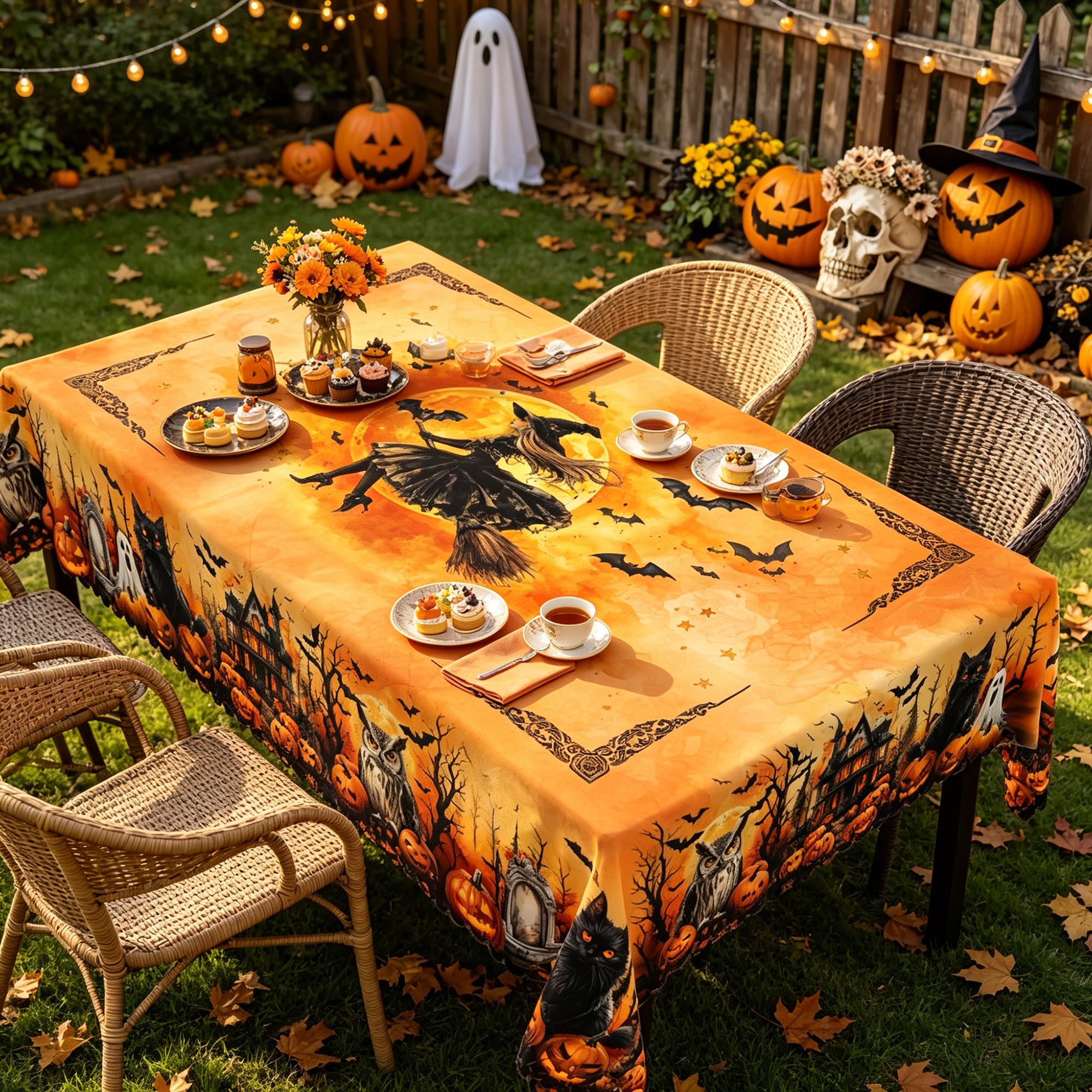 BOOPBEEP Halloween Printed Tablecloth - Vintage Farmhouse Style, Pumpkin & Black Cat Patterns, Rectangular/Round Dining/Kitchen Cover, Nostalgic Halloween Decor, Brunches Indoors Use, Holiday Gift, Pumpkin Ghost Pattern Kitchen Linen Sets, Decoration, Ind