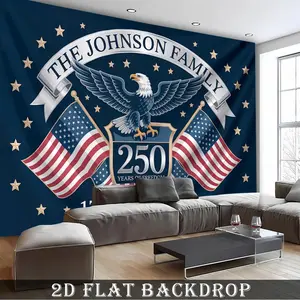 2D Flat Banner Polyester Photography Backdrop, HD Digitally Printed Soft Lightweight Foldable Background Cloth featuring a Patriotic American Flag and Bald Eagle Design with "The Johnson Family" and "250 Years of Freedom" text, id
