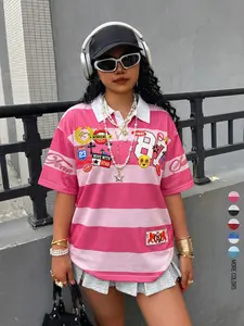 Women's Summer Daily American Street Style Sports Wide Stripe Patch Number Polo Neck Short Sleeve T Shirt Home Outdoor City Loose Trendy Casual Elegant Youthful Simple Versatile Texture Stylish Literary